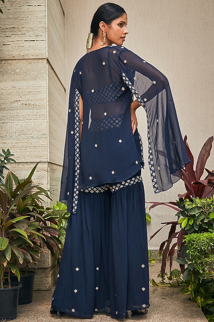 Navy Blue Georgette Embroidered Cape Set by Bohame at Pernia's Pop Up Shop