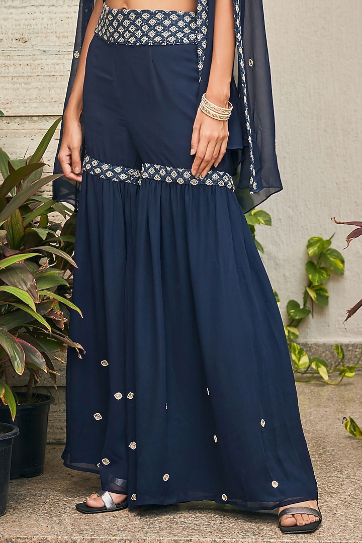 Navy Blue Georgette Embroidered Cape Set by Bohame at Pernia's Pop Up Shop