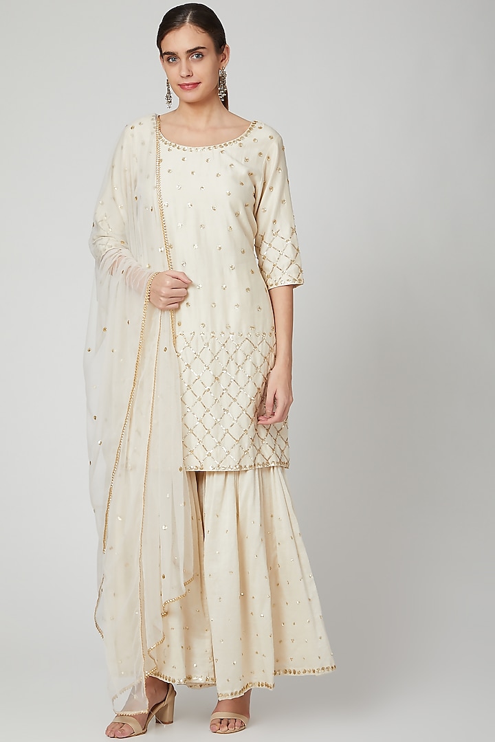 Off White Embroidered Sharara Set by Bohame