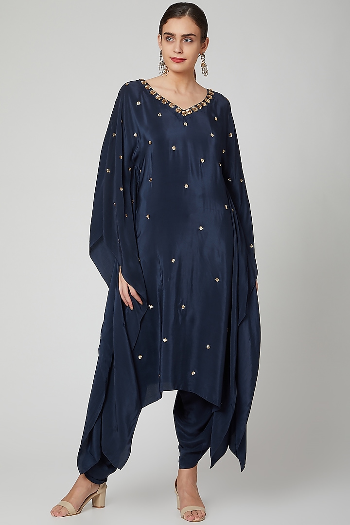 Navy Blue Embellished Kaftan Set by Bohame