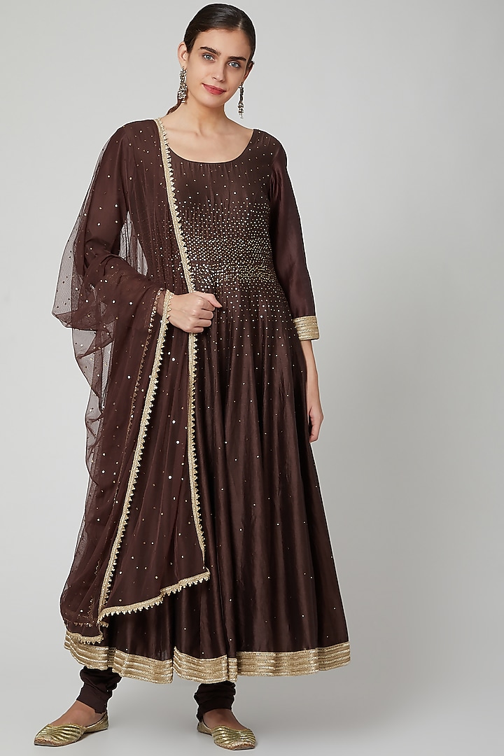 Brown Embellished Anarkali Set by Bohame
