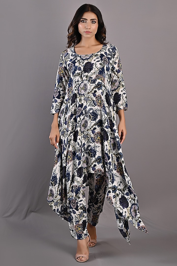 Blue & Off-White Crepe Printed Pant Set by Bohame at Pernia's Pop Up Shop