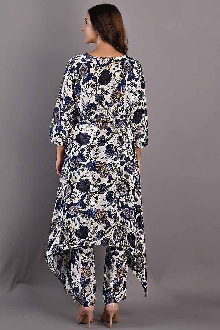 Blue & Off-White Crepe Printed Pant Set by Bohame at Pernia's Pop Up Shop