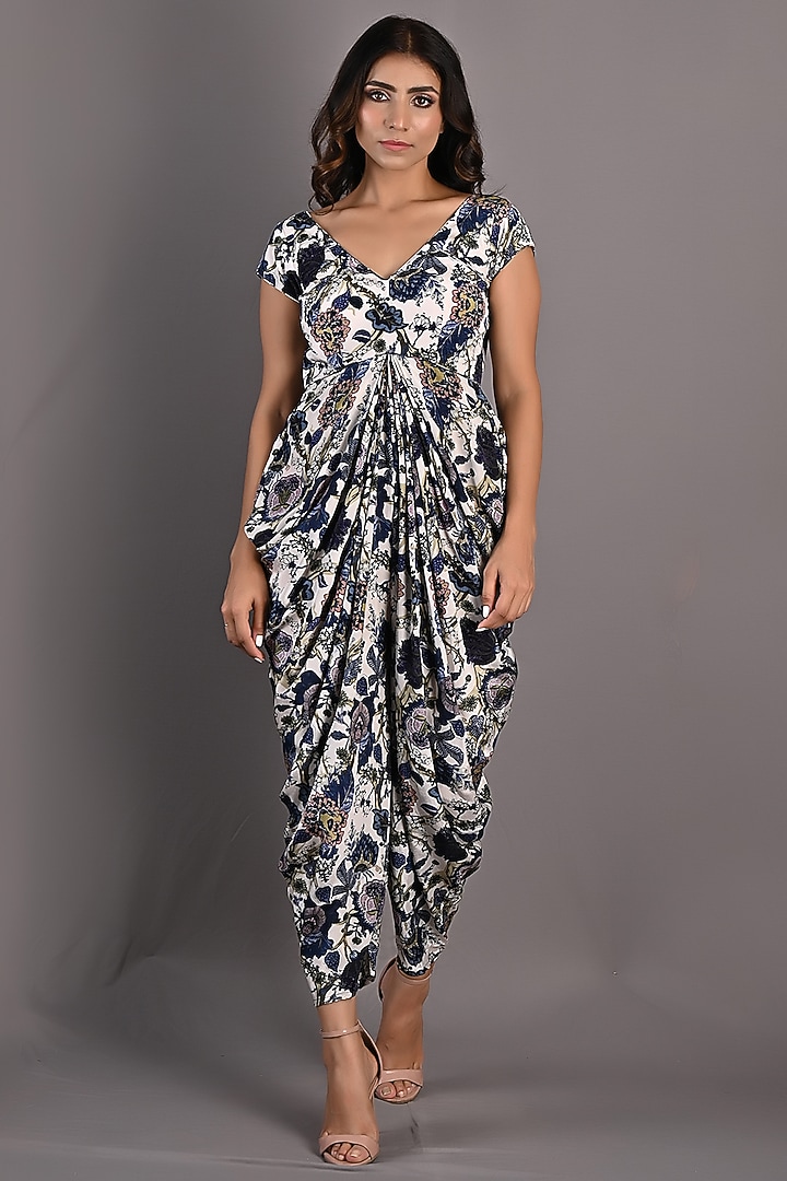 Blue & Off-White Printed Jumpsuit by Bohame at Pernia's Pop Up Shop