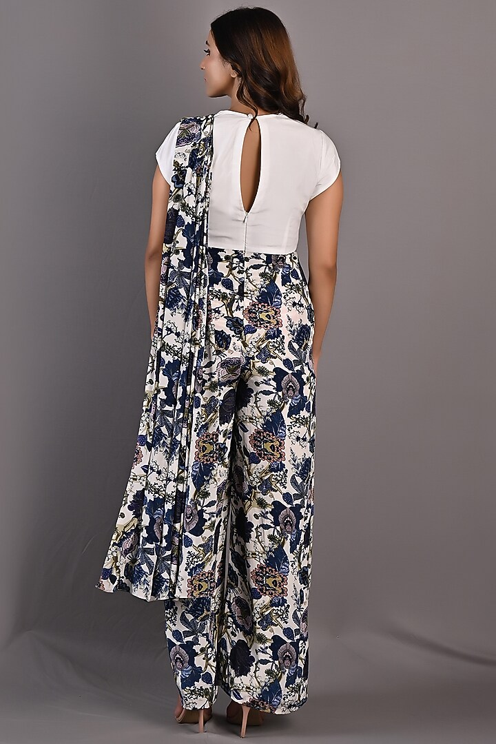 Blue & Off-White Crepe Digital Printed Jumpsuit Party Wear Saree by Bohame at Pernia's Pop Up Shop