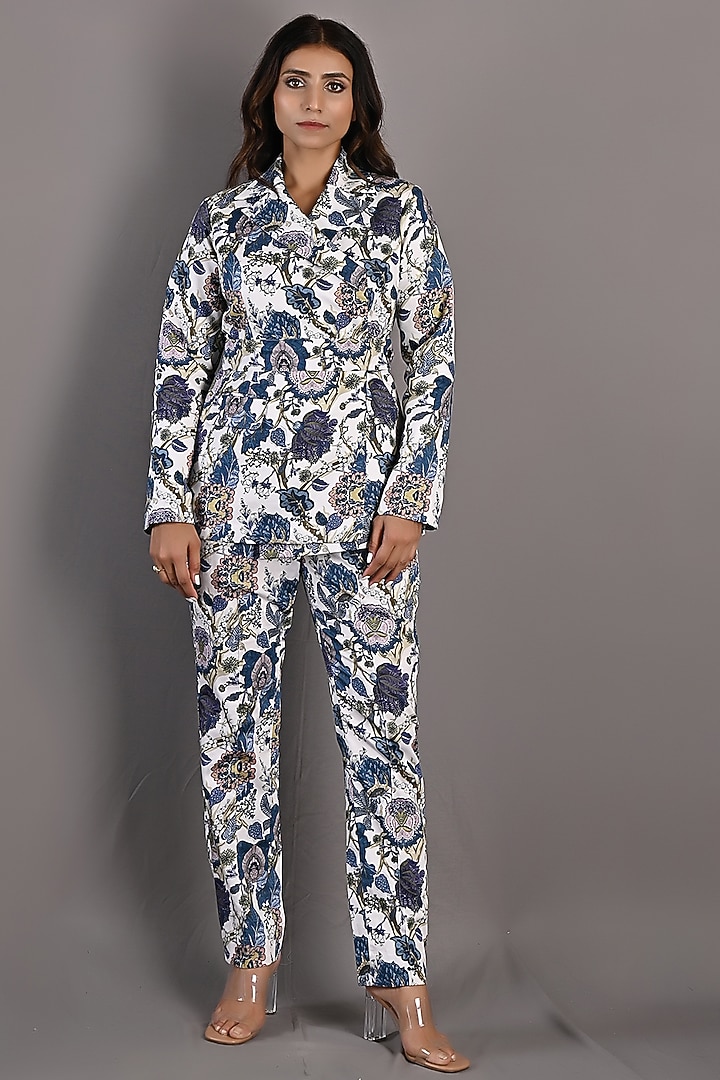 Blue and Off-White Printed Jacket Set by Bohame at Pernia's Pop Up Shop