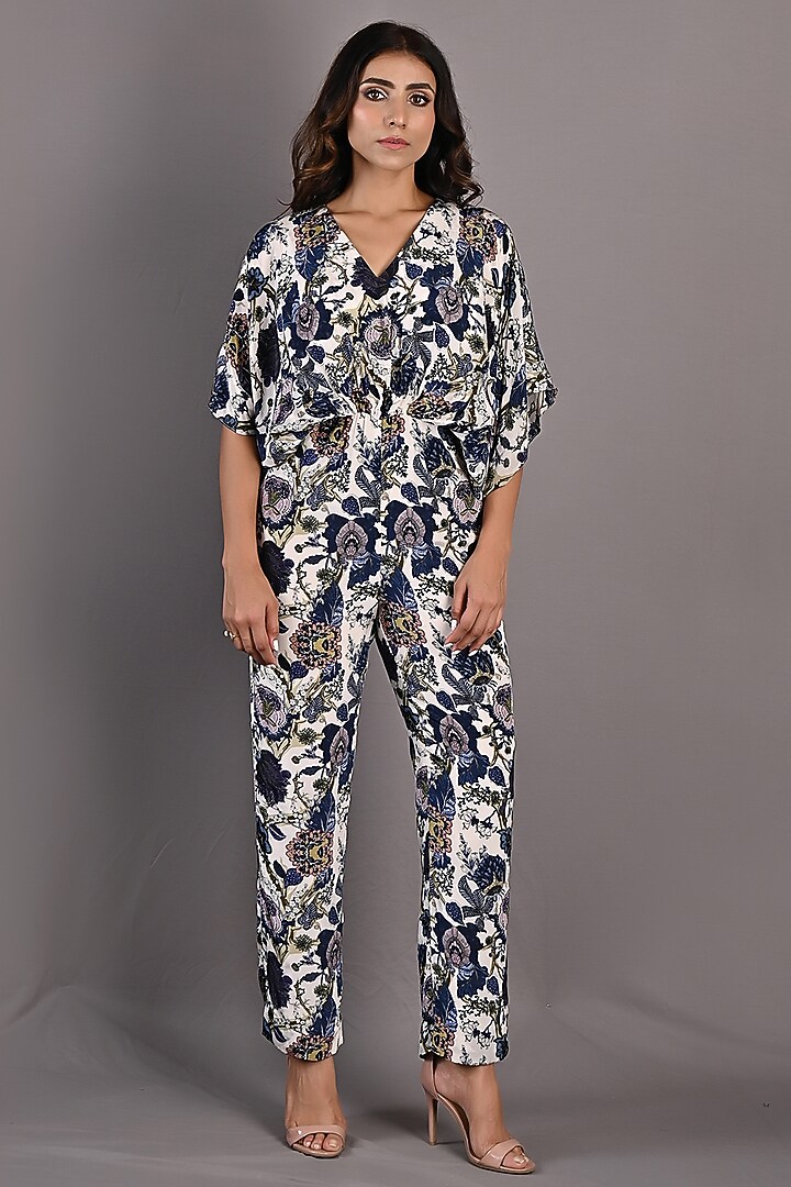 Blue & Off-White Crepe Printed Jumpsuit by Bohame at Pernia's Pop Up Shop
