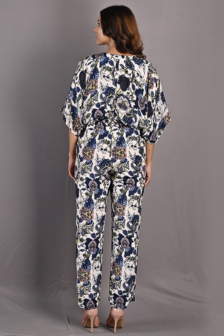 Blue & Off-White Crepe Printed Jumpsuit by Bohame at Pernia's Pop Up Shop
