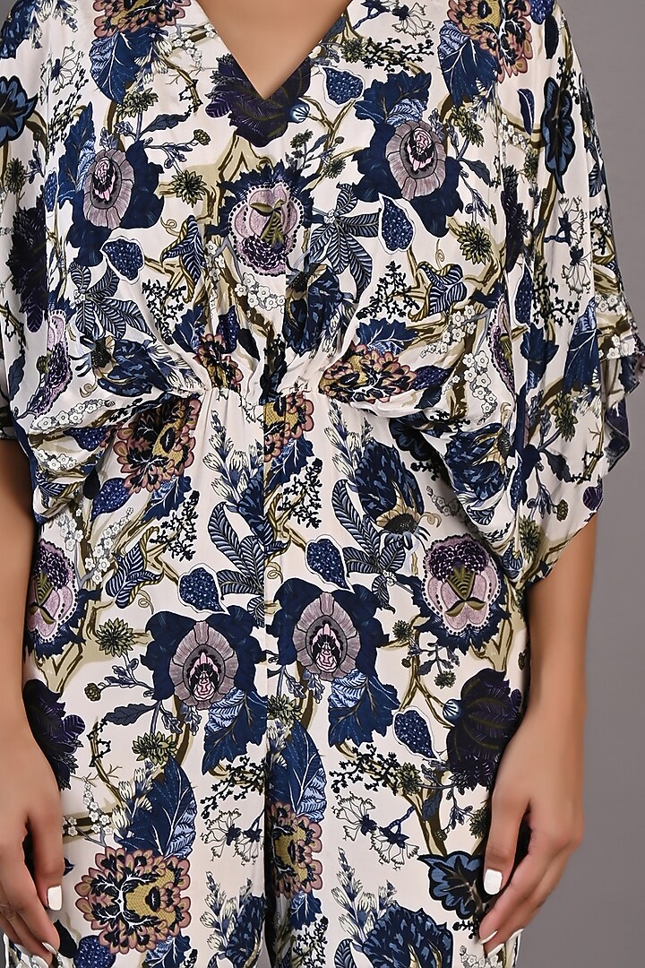 Blue & Off-White Crepe Printed Jumpsuit by Bohame at Pernia's Pop Up Shop