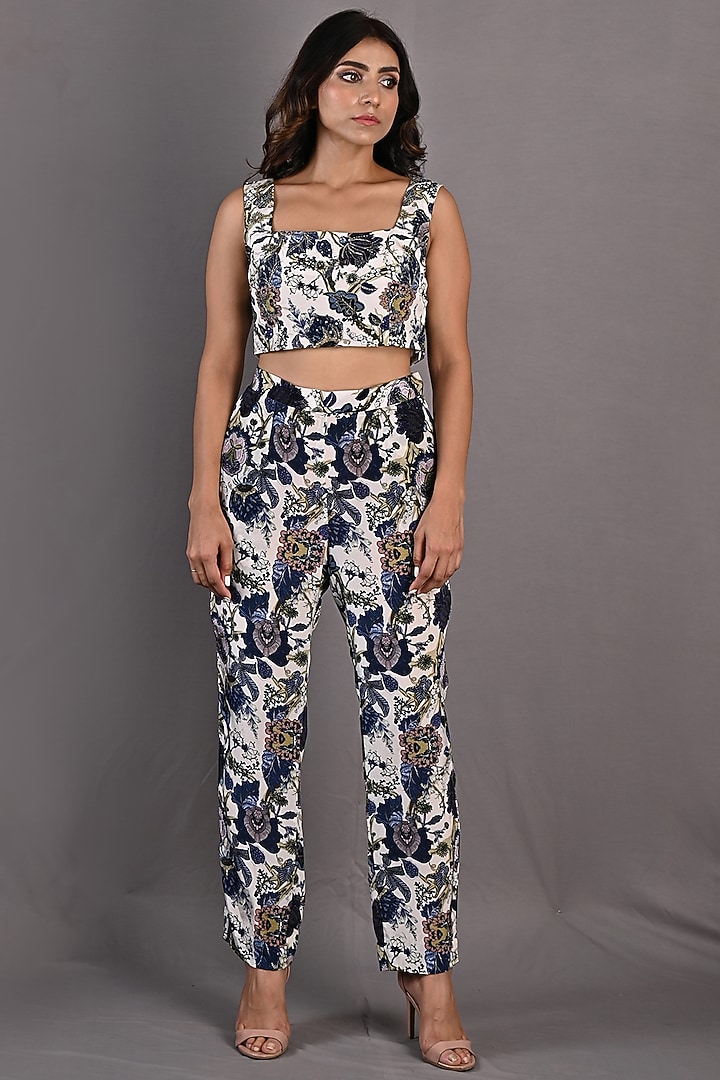Blue & Off-White Printed Pant Set by Bohame at Pernia's Pop Up Shop