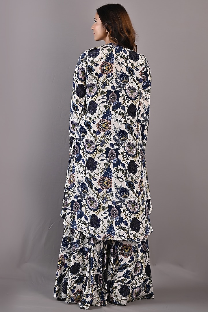 Blue & Off-White Crepe Printed Party Wear Sharara Set by Bohame at Pernia's Pop Up Shop
