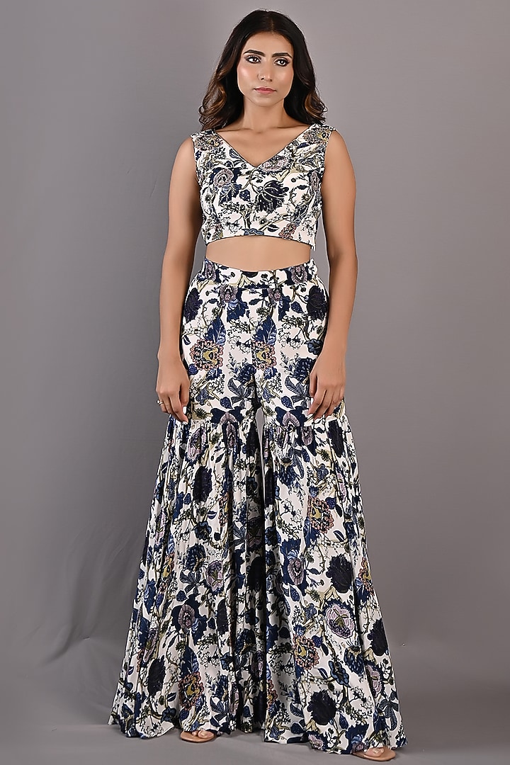 Blue & Off-White Crepe Printed Party Wear Sharara Set by Bohame at Pernia's Pop Up Shop