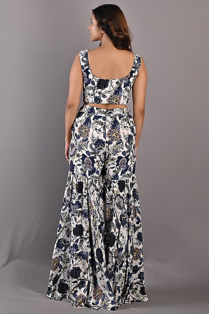 Blue & Off-White Crepe Printed Party Wear Sharara Set by Bohame at Pernia's Pop Up Shop