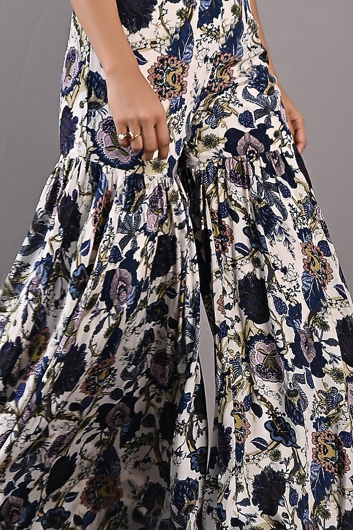 Blue & Off-White Crepe Printed Party Wear Sharara Set by Bohame at Pernia's Pop Up Shop
