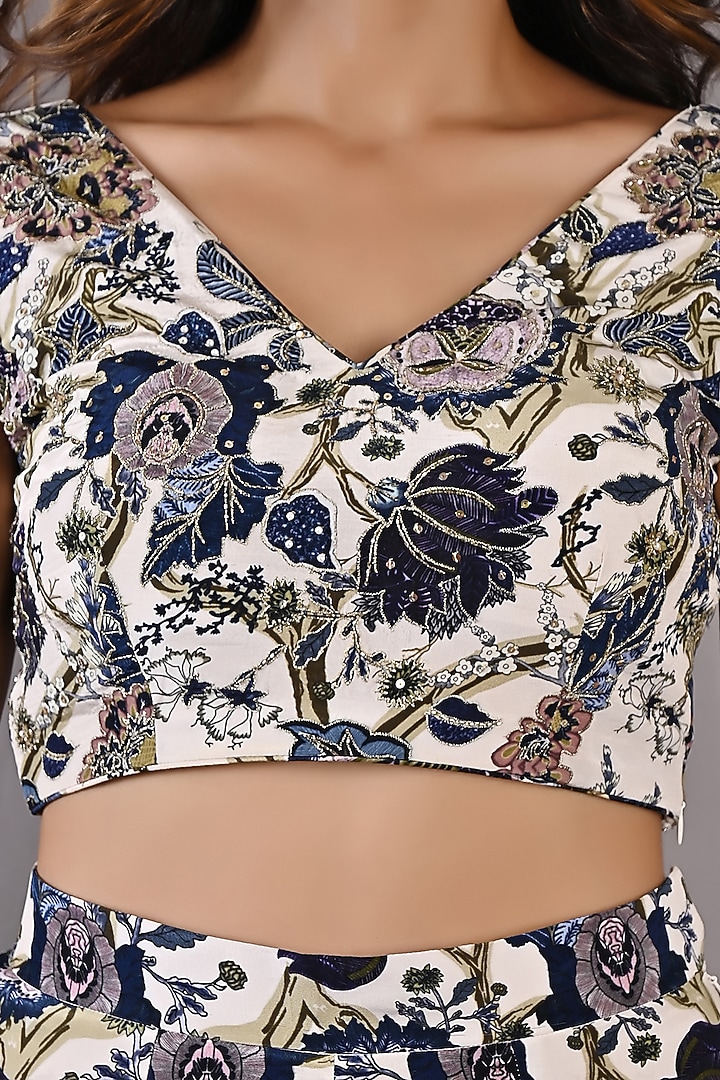 Blue & Off-White Crepe Printed Party Wear Sharara Set by Bohame at Pernia's Pop Up Shop