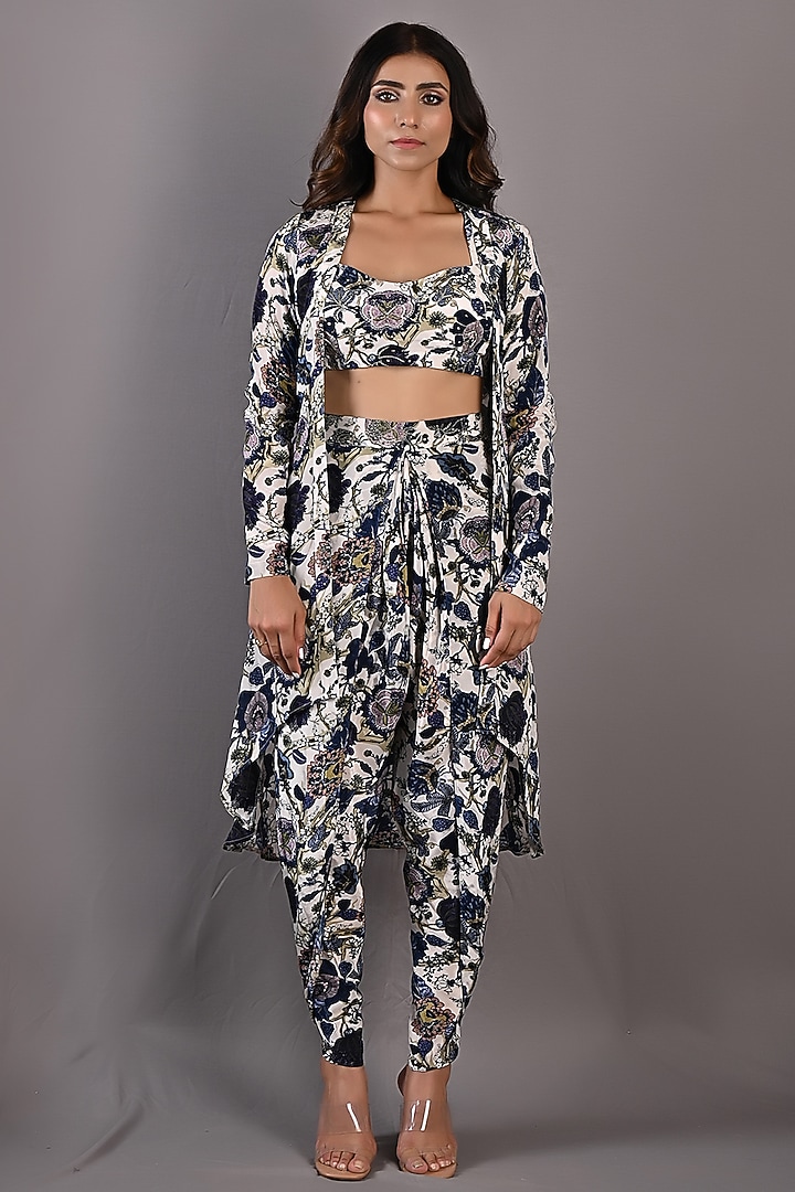 Blue & Off-White Printed Draped Dhoti Set by Bohame at Pernia's Pop Up Shop