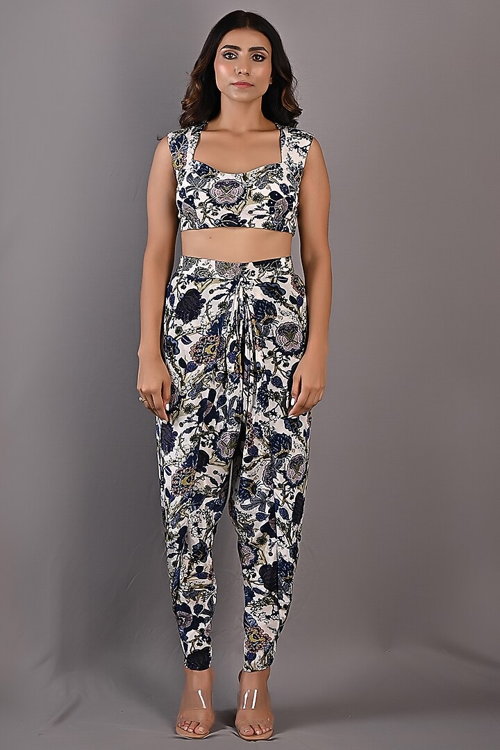 Blue & Off-White Printed Draped Dhoti Set by Bohame at Pernia's Pop Up Shop