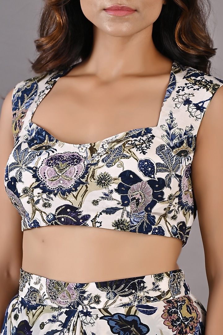 Blue & Off-White Printed Draped Dhoti Set by Bohame at Pernia's Pop Up Shop