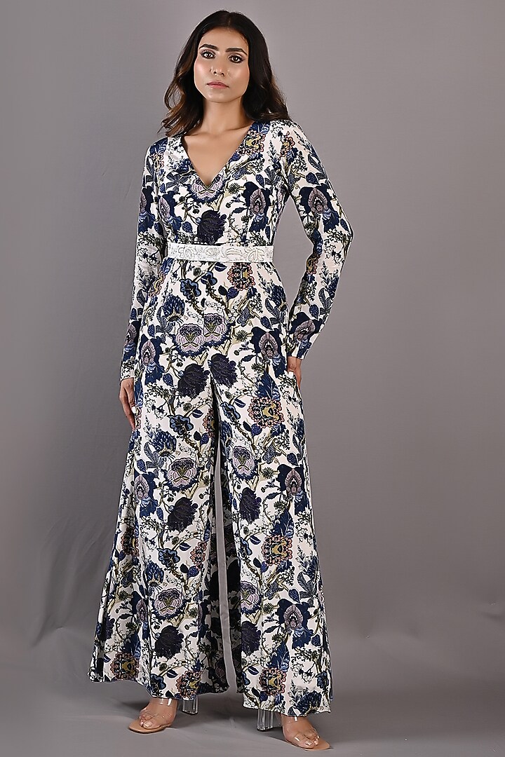 Blue & Off-White Embroidered Jumpsuit With Belt by Bohame at Pernia's Pop Up Shop
