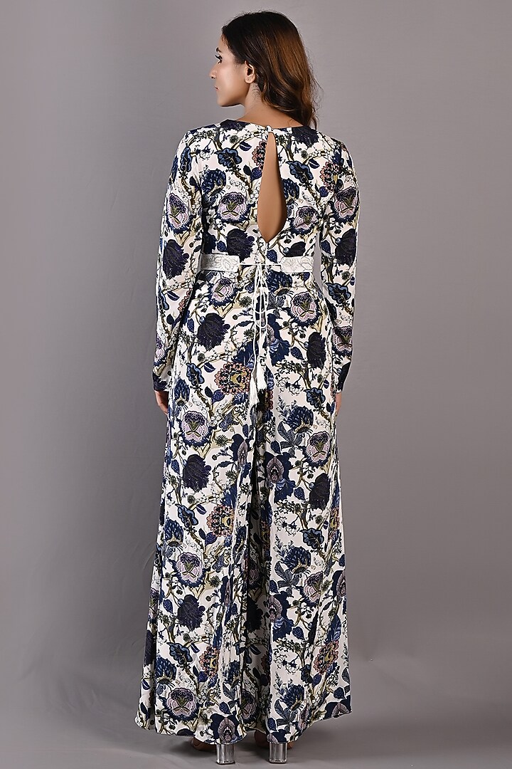 Blue & Off-White Embroidered Jumpsuit With Belt by Bohame at Pernia's Pop Up Shop