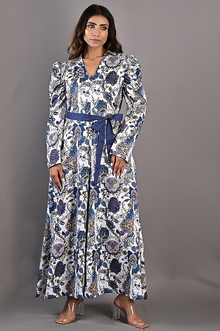 Blue & Off-White Printed Jumpsuit With Belt by Bohame at Pernia's Pop Up Shop