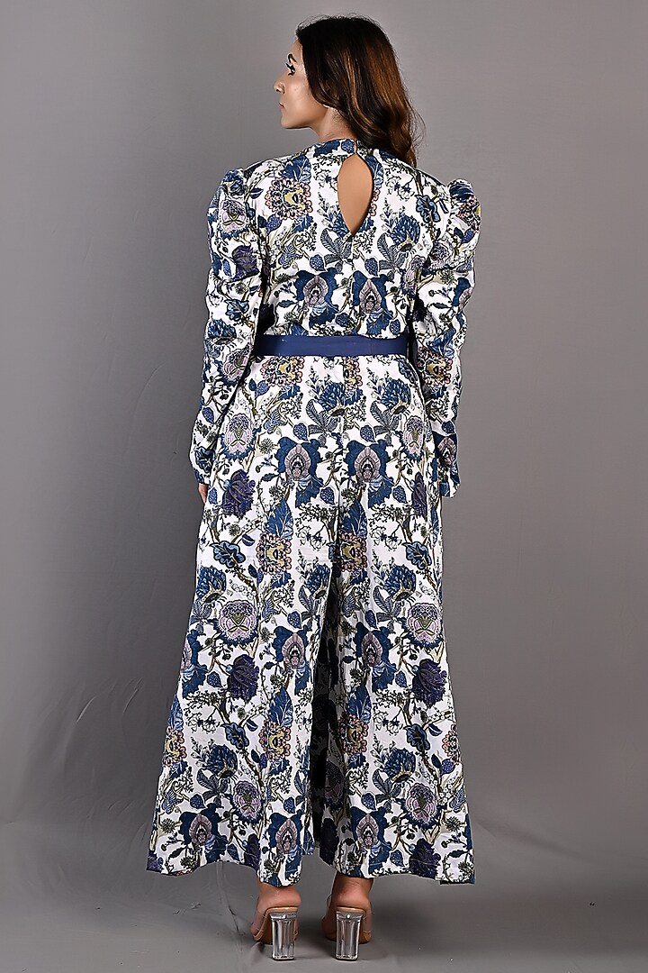 Blue & Off-White Printed Jumpsuit With Belt by Bohame at Pernia's Pop Up Shop