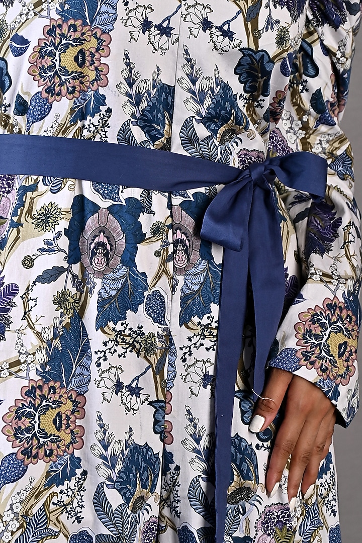 Blue & Off-White Printed Jumpsuit With Belt by Bohame at Pernia's Pop Up Shop