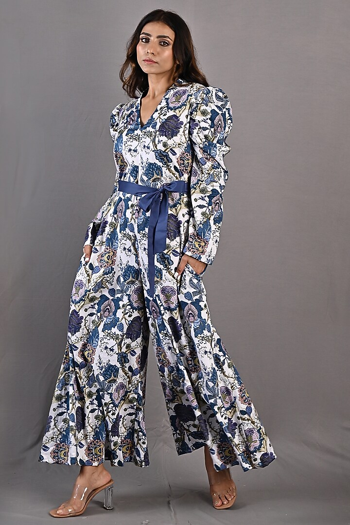 Blue & Off-White Printed Jumpsuit With Belt by Bohame at Pernia's Pop Up Shop