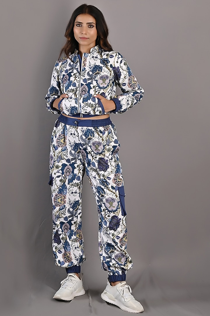 Blue & Off-White Crepe Printed Jacket Set by Bohame at Pernia's Pop Up Shop