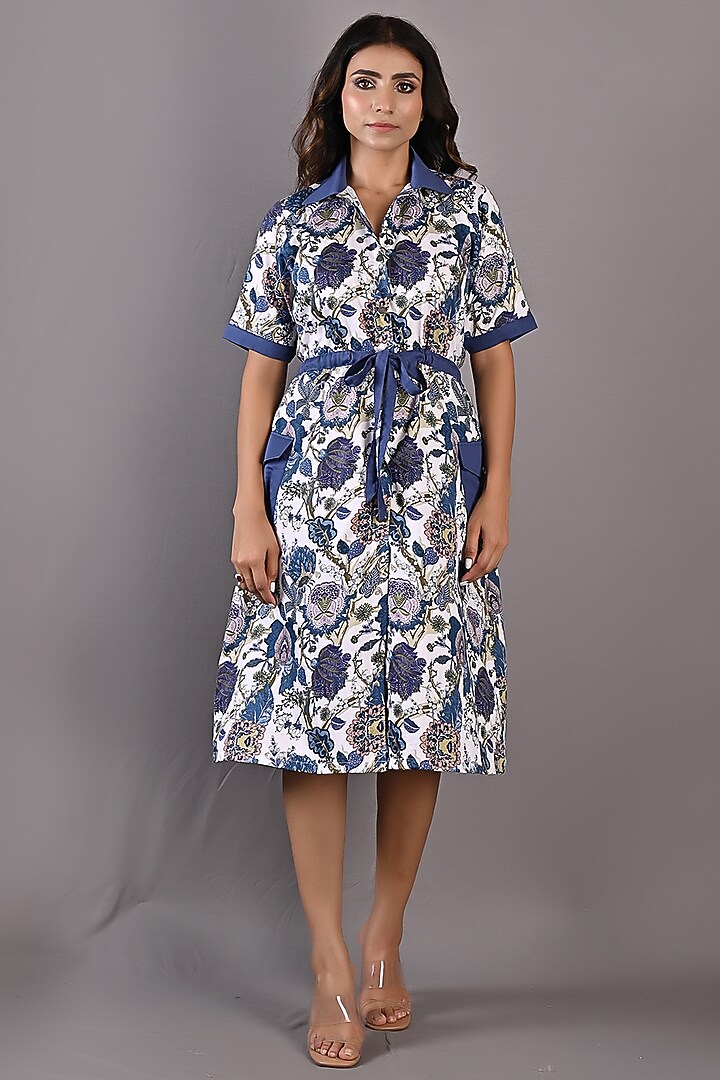 Off-White & Blue Printed Summer Shirt Dress by Bohame at Pernia's Pop Up Shop