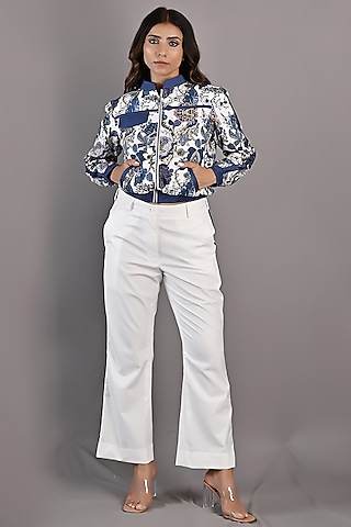 Off-White & Blue Printed Bomber Jacket Set by Bohame
