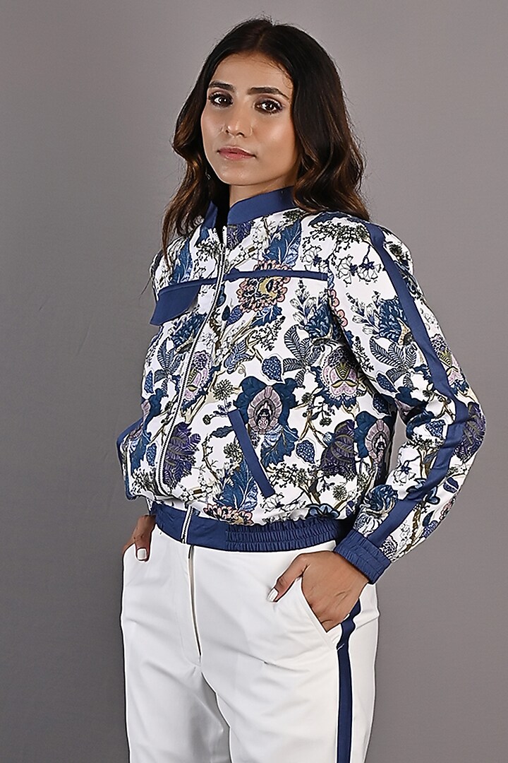 Off-White & Blue Printed Bomber Jacket Set by Bohame at Pernia's Pop Up Shop