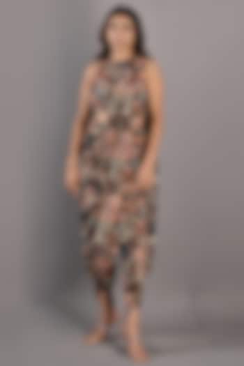 Maroon Crepe Digital Printed Jumpsuit Saree by Bohame