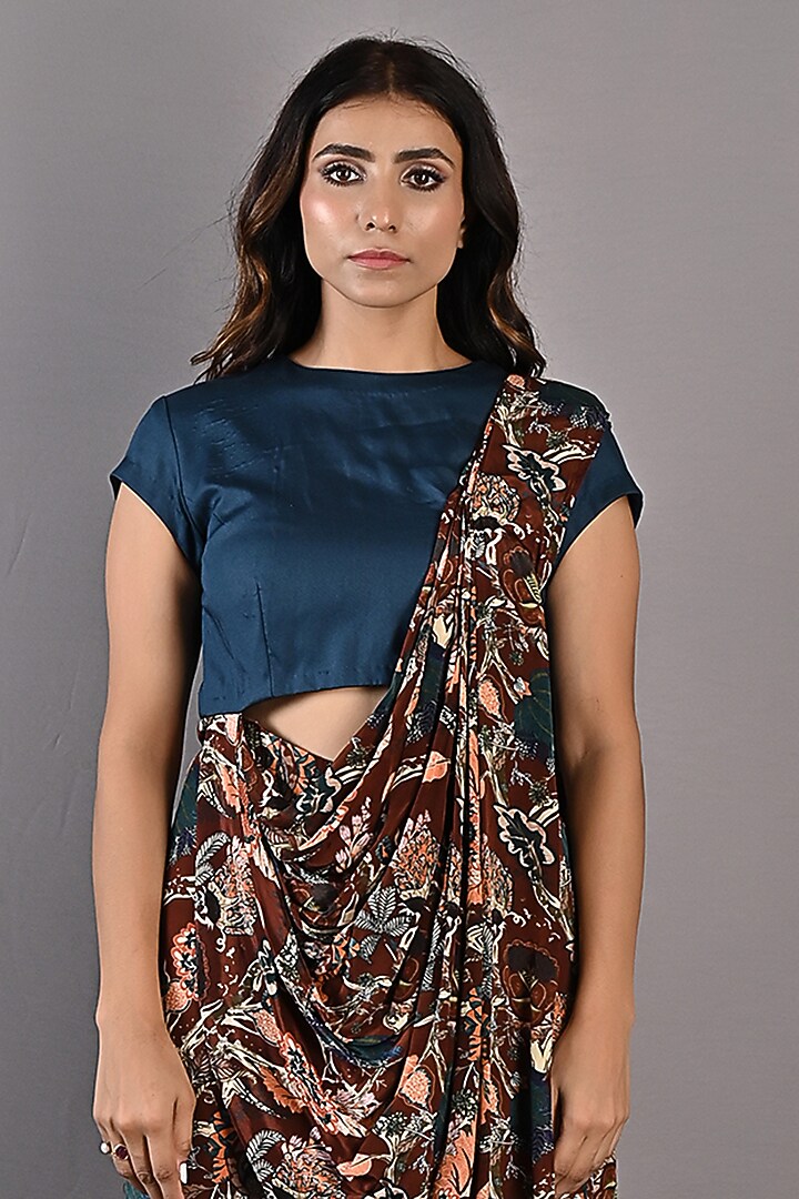 Maroon & Teal Green Digital Printed Jumpsuit Party Wear Saree by Bohame at Pernia's Pop Up Shop