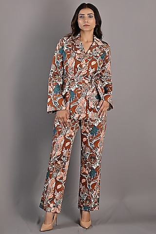 Maroon Printed Jacket Set by Bohame