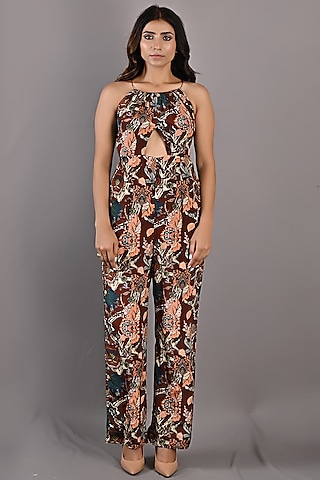 Maroon Crepe Printed Jumpsuit by Bohame