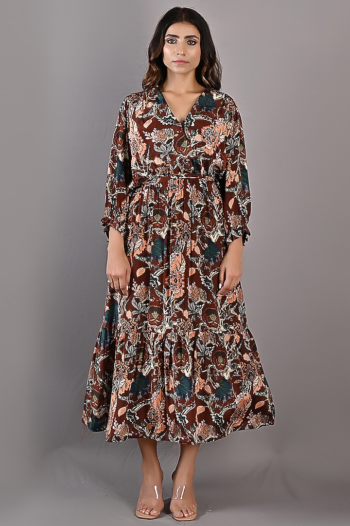 Maroon Printed Wrap Dress Design by Bohame at Pernia's Pop Up Shop 2023