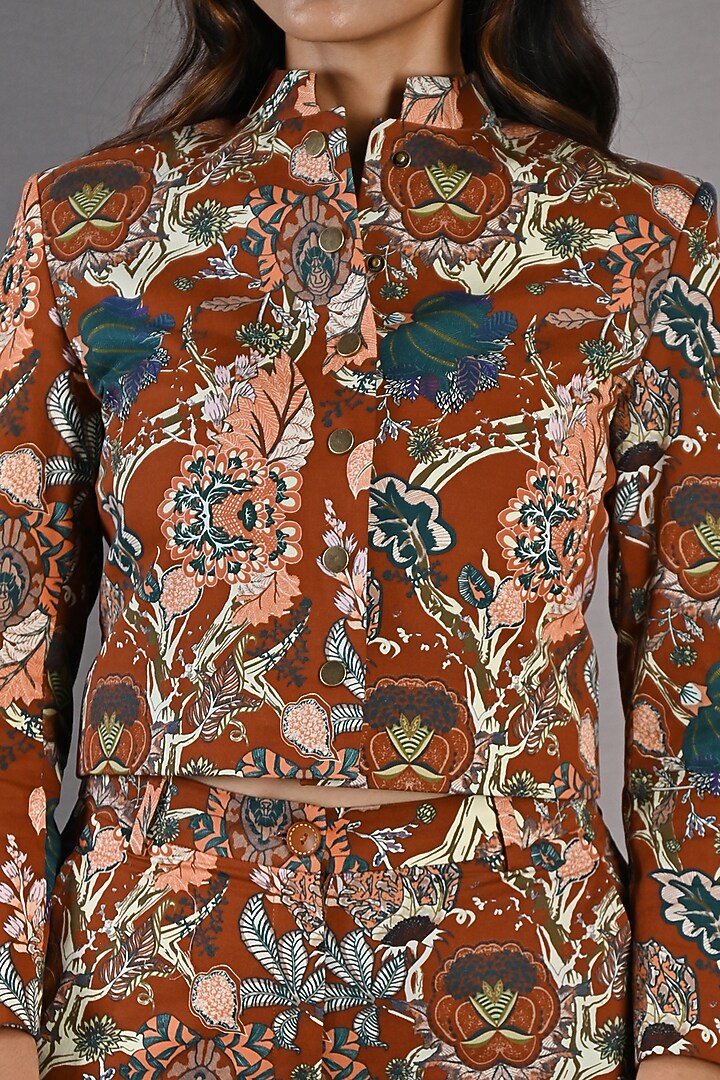 Maroon Linen Printed Jacket Set by Bohame at Pernia's Pop Up Shop