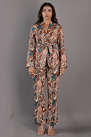 Maroon Printed Jacket Set by Bohame