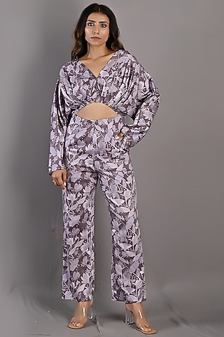 Purple Printed Pleated Jumpsuit by Bohame