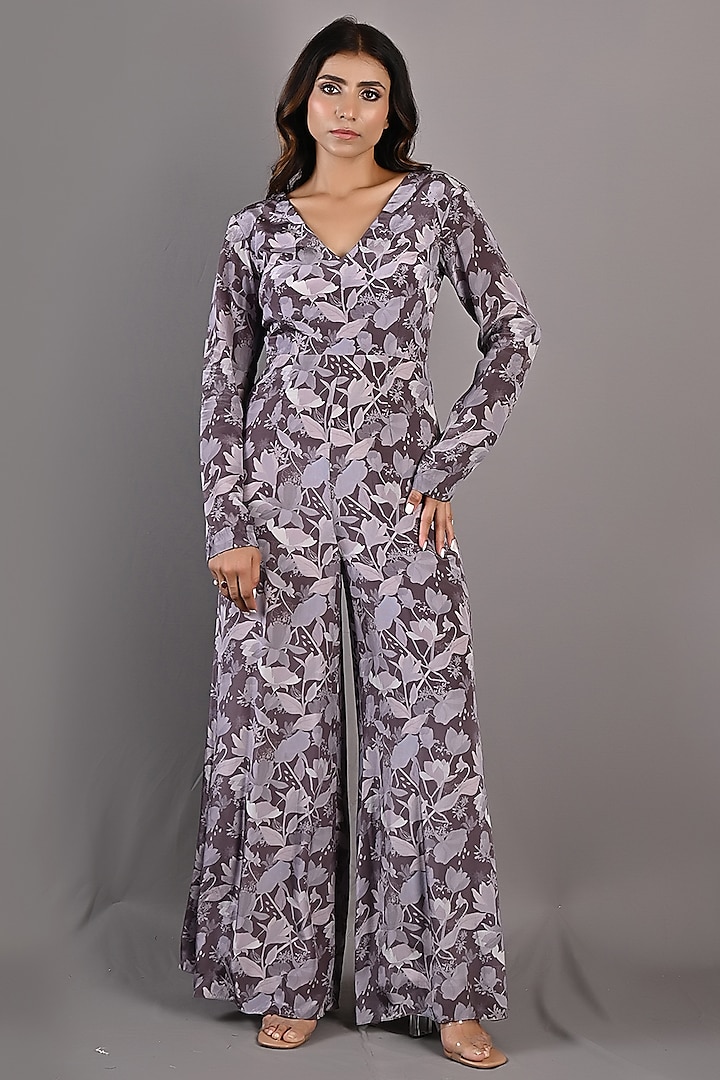 Purple Cotton Satin Printed Jumpsuit by Bohame