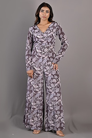 Purple Cotton Satin Printed Jumpsuit by Bohame