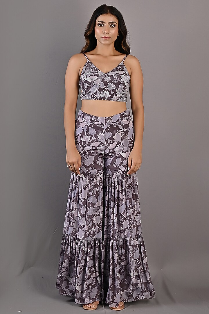 Purple Printed Party Wear Sharara Set With Cape by Bohame at Pernia's Pop Up Shop