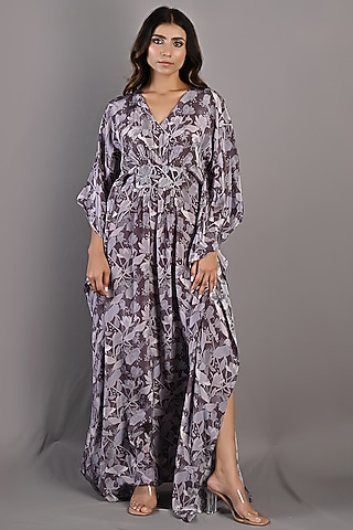 Purple Embroidered & Printed Kaftan by Bohame