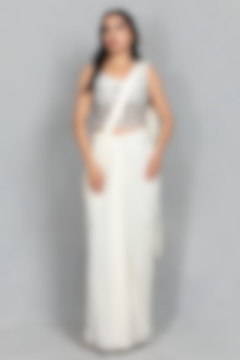 Off-White Cupro Crepe Pearl Embellished Concept Wedding Saree Set by Bohame at Pernia's Pop Up Shop