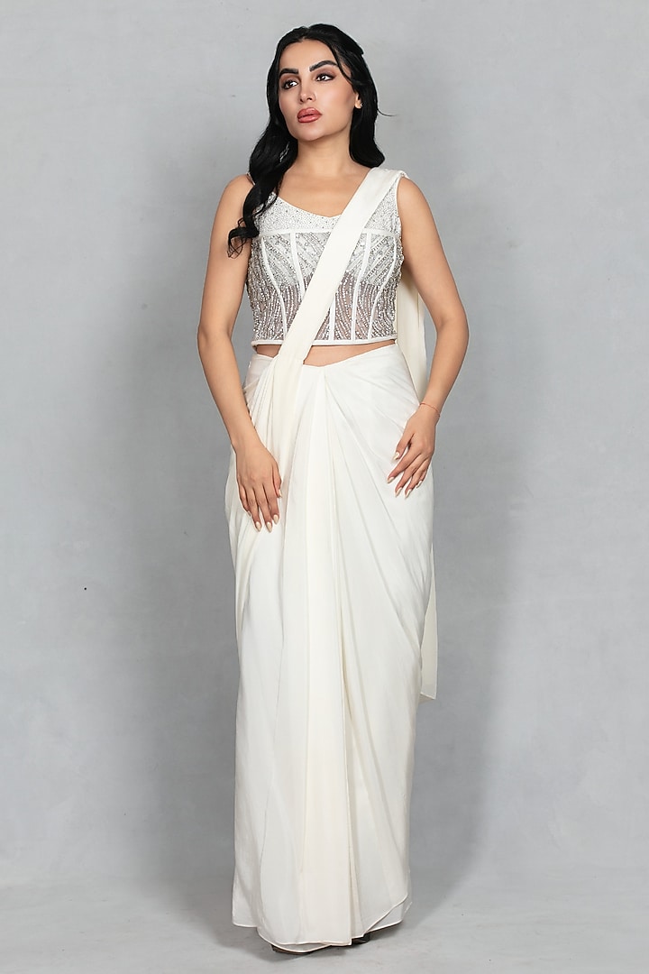 Off-White Cupro Crepe Pearl Embellished Concept Wedding Saree Set by Bohame at Pernia's Pop Up Shop