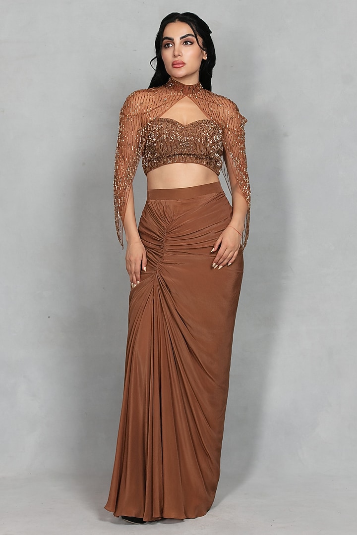 Mocha Brown Cupro Crepe Draped Skirt Set by Bohame at Pernia's Pop Up Shop