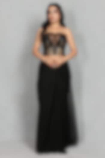 Black Cupro Crepe Pearl Embellished Draped Skirt Set by Bohame at Pernia's Pop Up Shop
