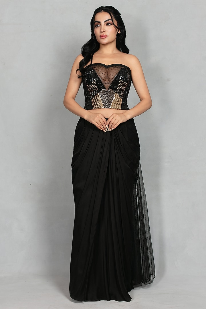 Black Cupro Crepe Pearl Embellished Draped Skirt Set by Bohame at Pernia's Pop Up Shop
