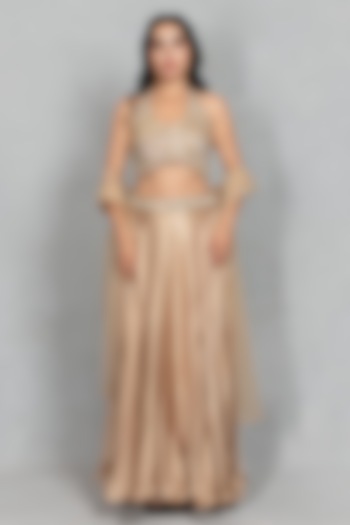 Beige Gold Satin Wedding Lehenga Set by Bohame at Pernia's Pop Up Shop